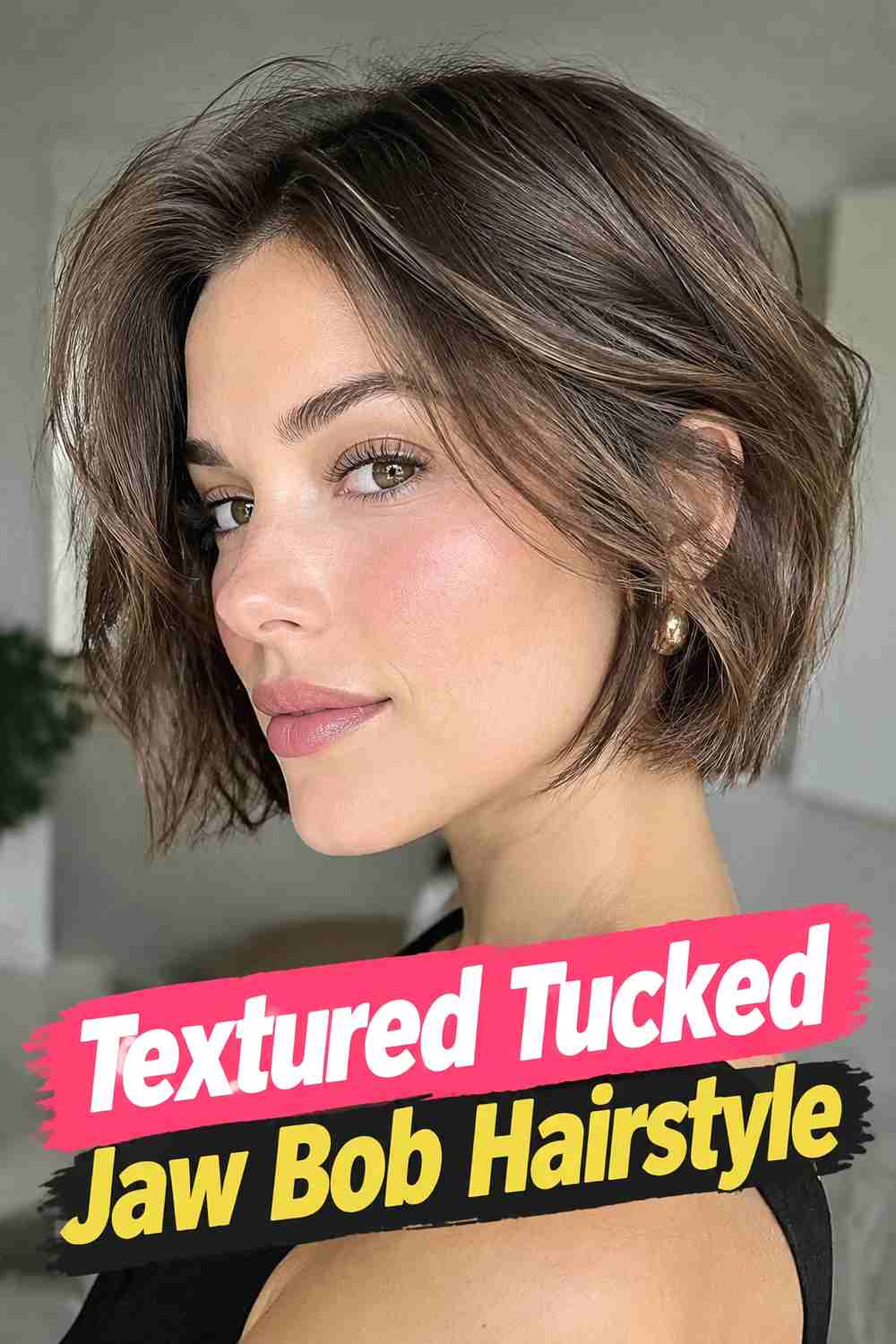 11. Textured Tucked Jaw Bob Hairstyle