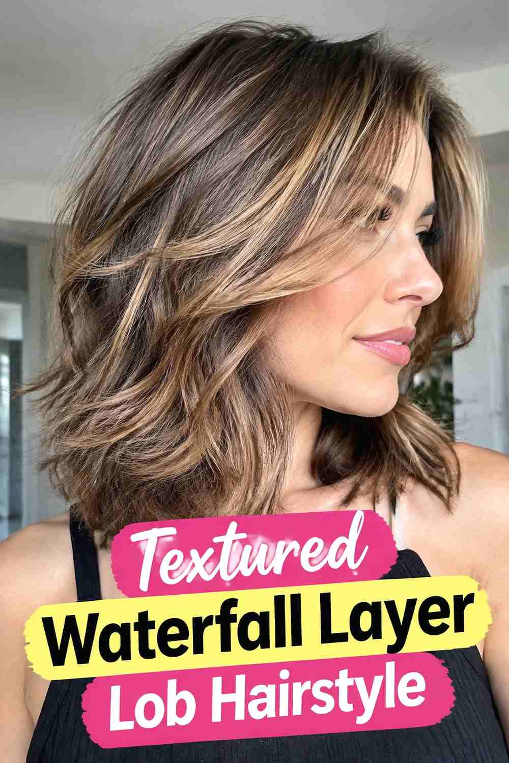 9. Textured Waterfall Layer Lob Hairstyle