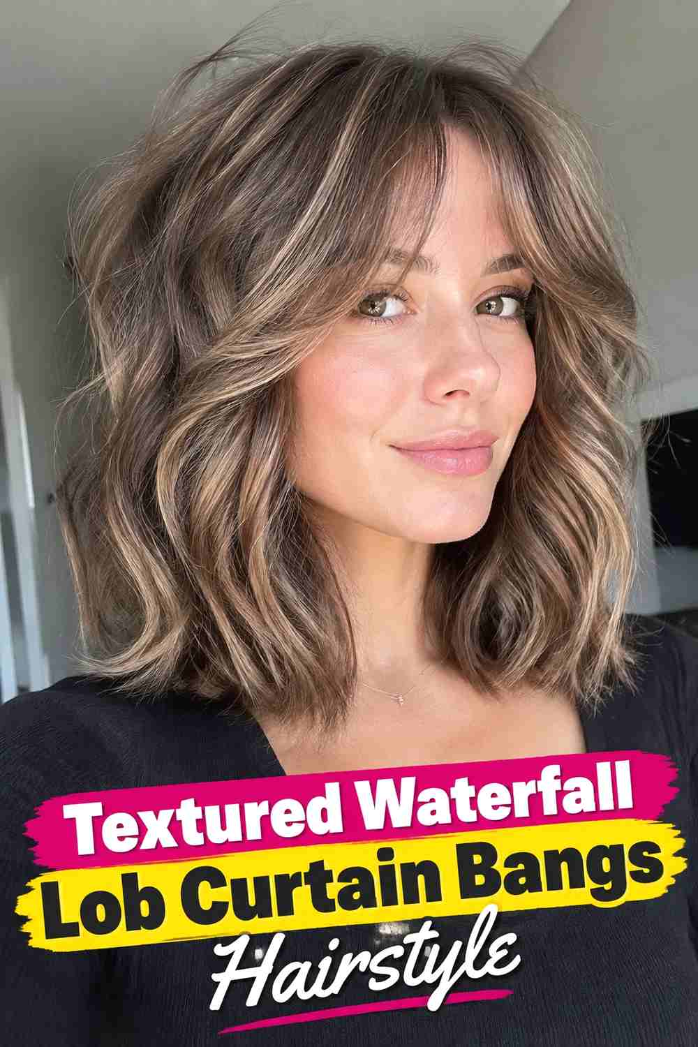 13. Textured Waterfall Lob Curtain Bangs Hairstyle
