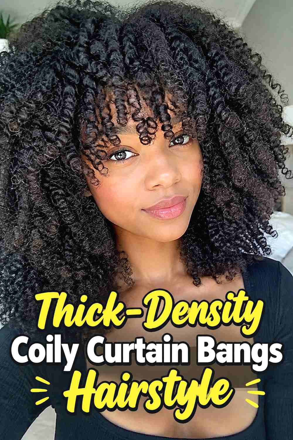 17. Thick Density Coily Curtain Bangs Hairstyle