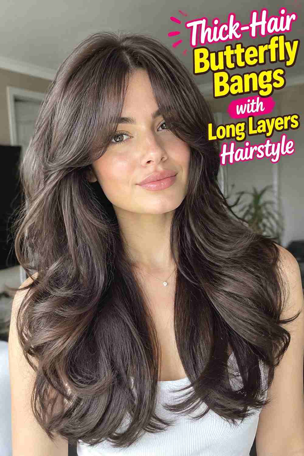 14. Thick Hair Butterfly Bangs With Long Layers Hairstyle
