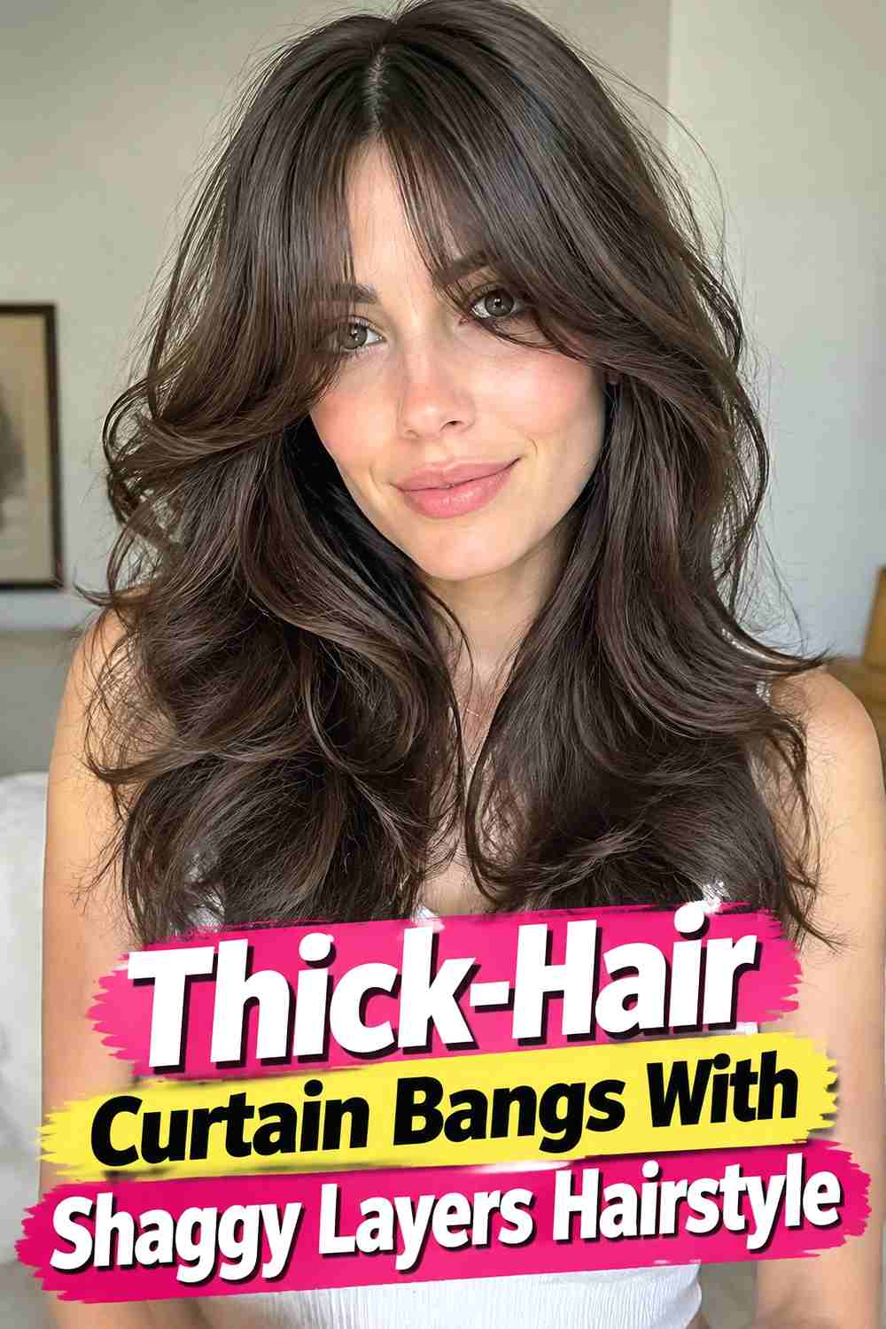 10. Thick Hair Curtain Bangs With Shaggy Layers Hairstyle