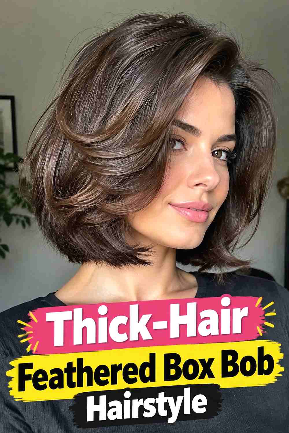 14. Thick Hair Feathered Box Bob Hairstyle