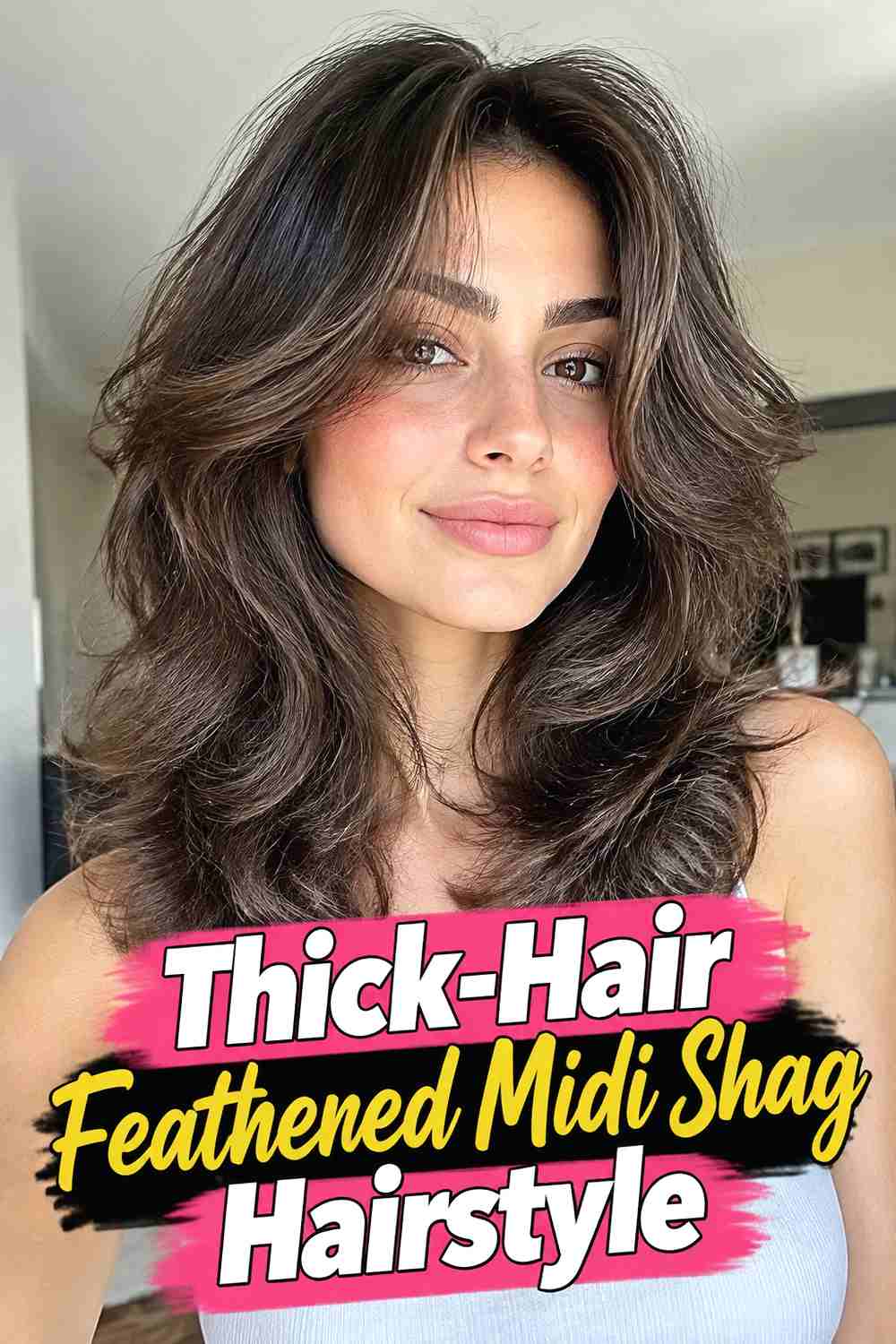 19. Thick Hair Feathered Midi Shag Hairstyle