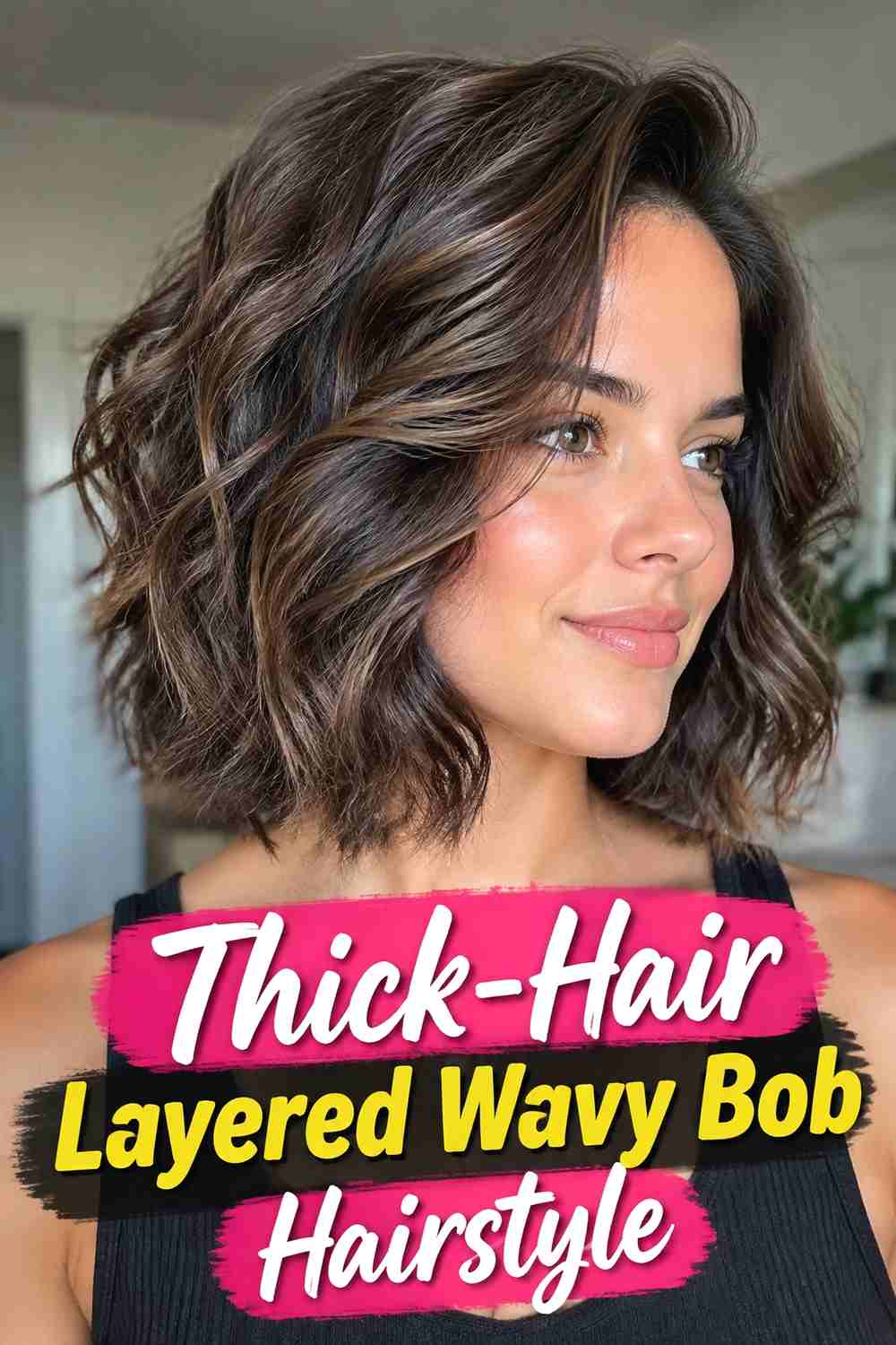 9. Thick Hair Layered Wavy Bob Hairstyle