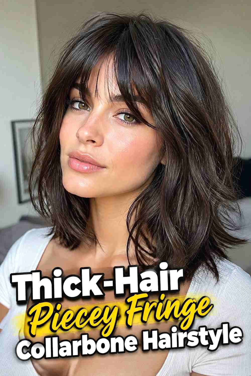 13. Thick Hair Piecey Fringe Collarbone Hairstyle