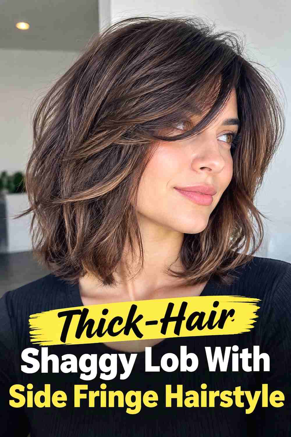 15. Thick Hair Shaggy Lob With Side Fringe Hairstyle
