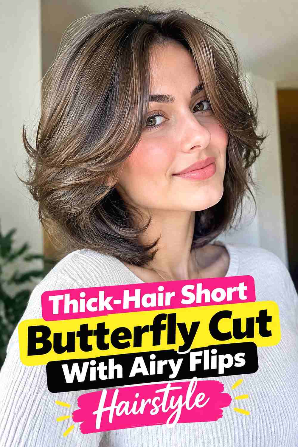 8. Thick Hair Short Butterfly Cut With Airy Flips Hairstyle