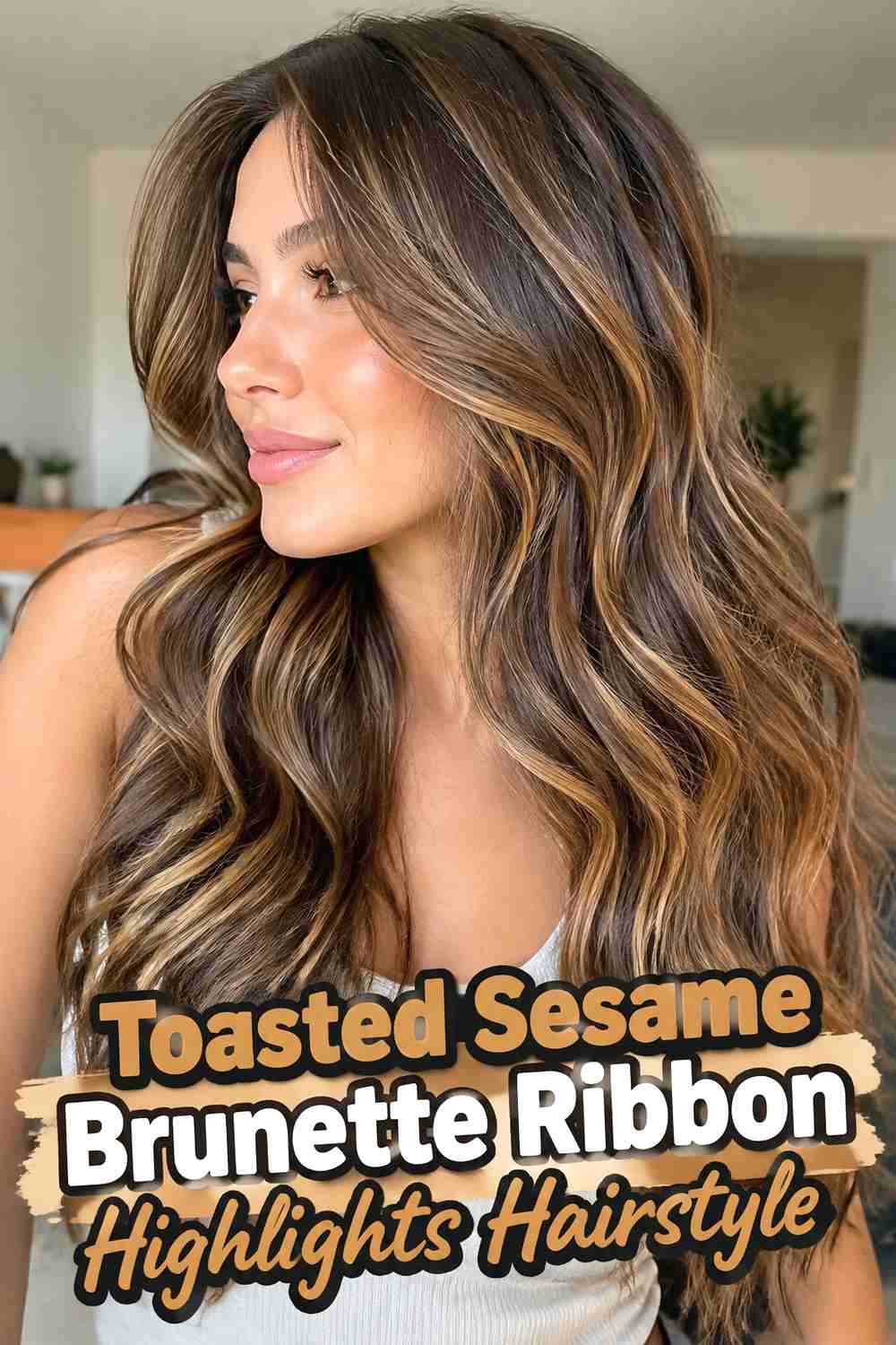 12. Toasted Sesame Brunette Ribbon Highlights Hairstyle