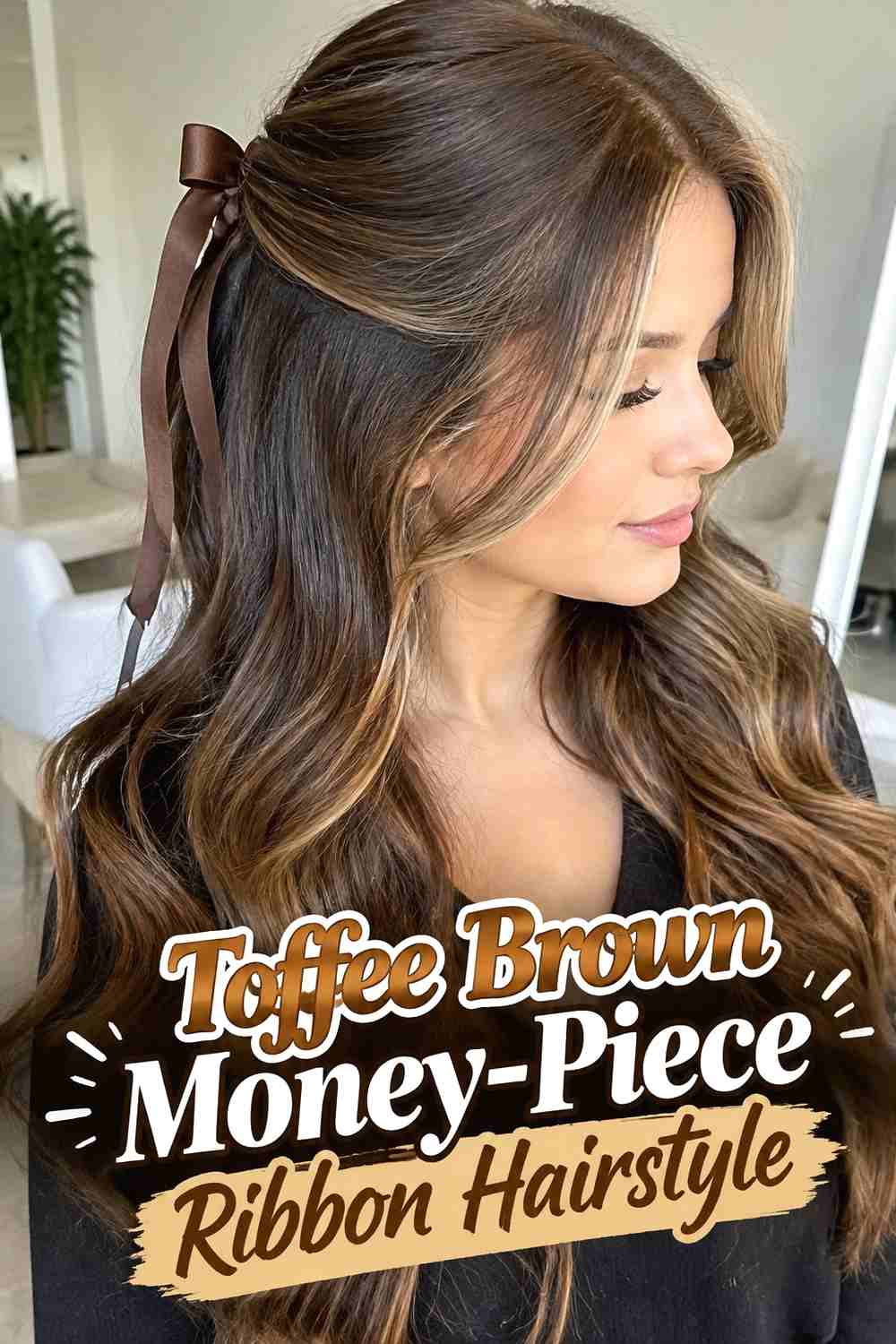 8. Toffee Brown Money Piece Ribbon Hairstyle