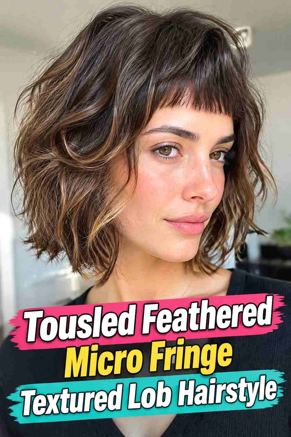 9. Tousled Feathered Micro Fringe Textured Lob Hairstyle