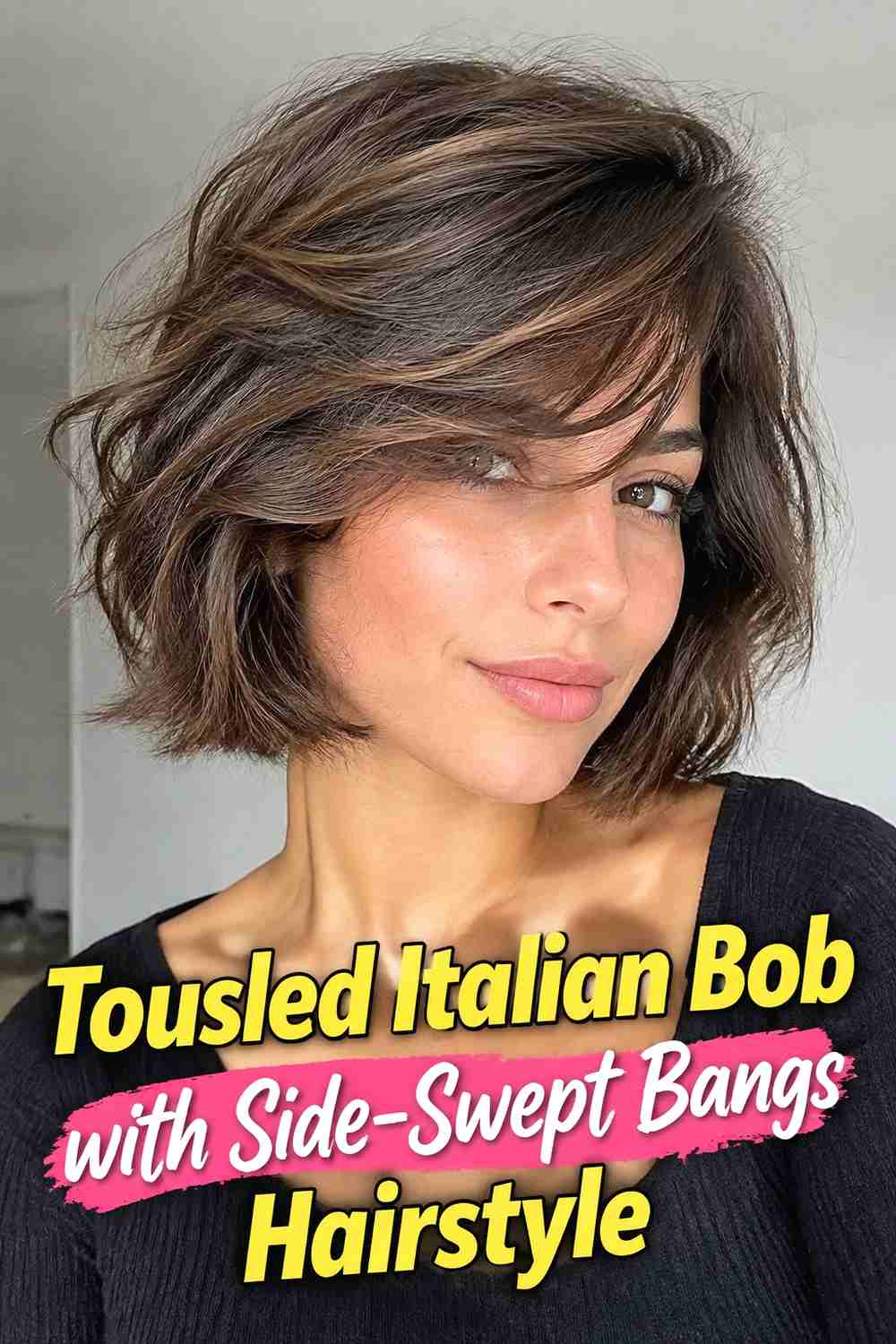 18. Tousled Italian Bob With Side Swept Bangs Hairstyle