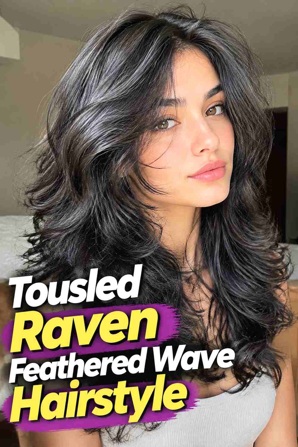 10. Tousled Raven Feathered Wave Hairstyle