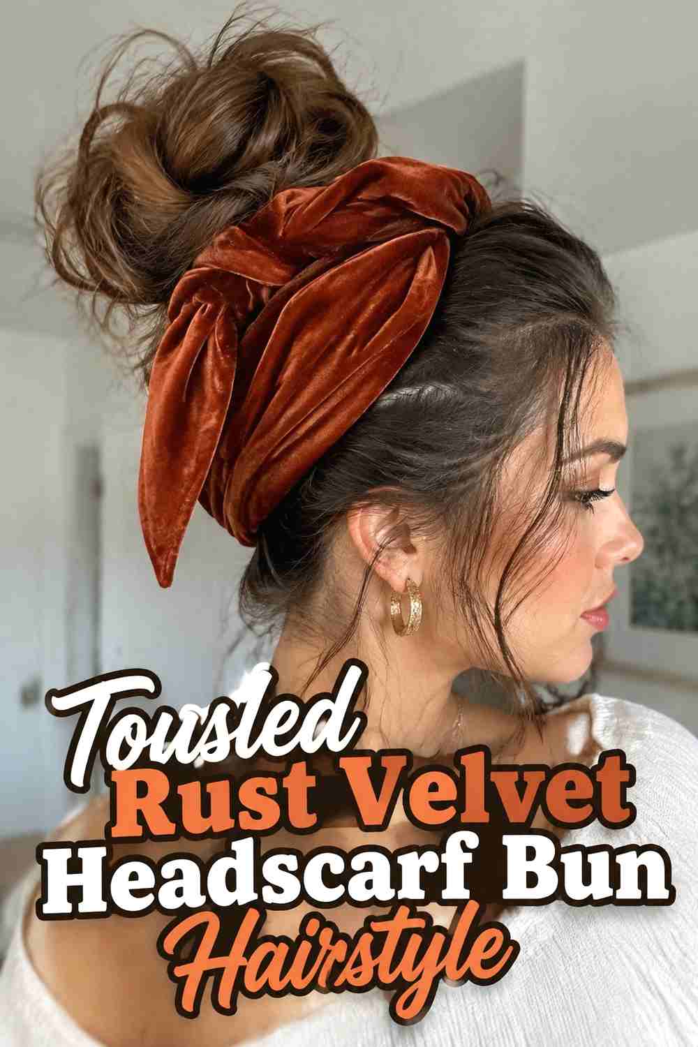 18. Tousled Rust Velvet Headscarf Bun Hairstyle