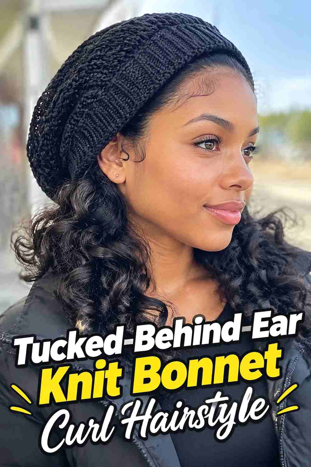 15. Tucked Behind Ear Knit Bonnet Curl Hairstyle