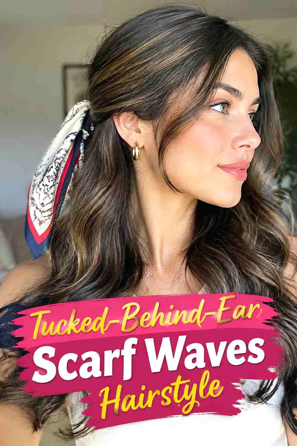 12. Tucked Behind Ear Scarf Waves Hairstyle