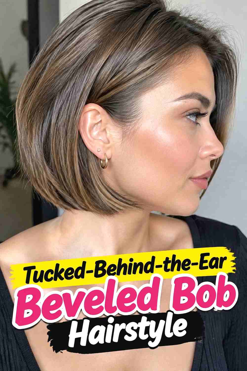 13. Tucked Behind The Ear Beveled Bob Hairstyle