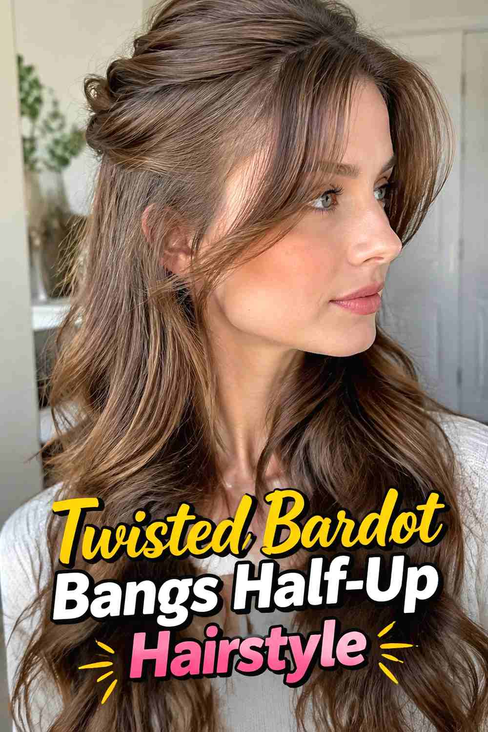 5. Twisted Bardot Bangs Half Up Hairstyle