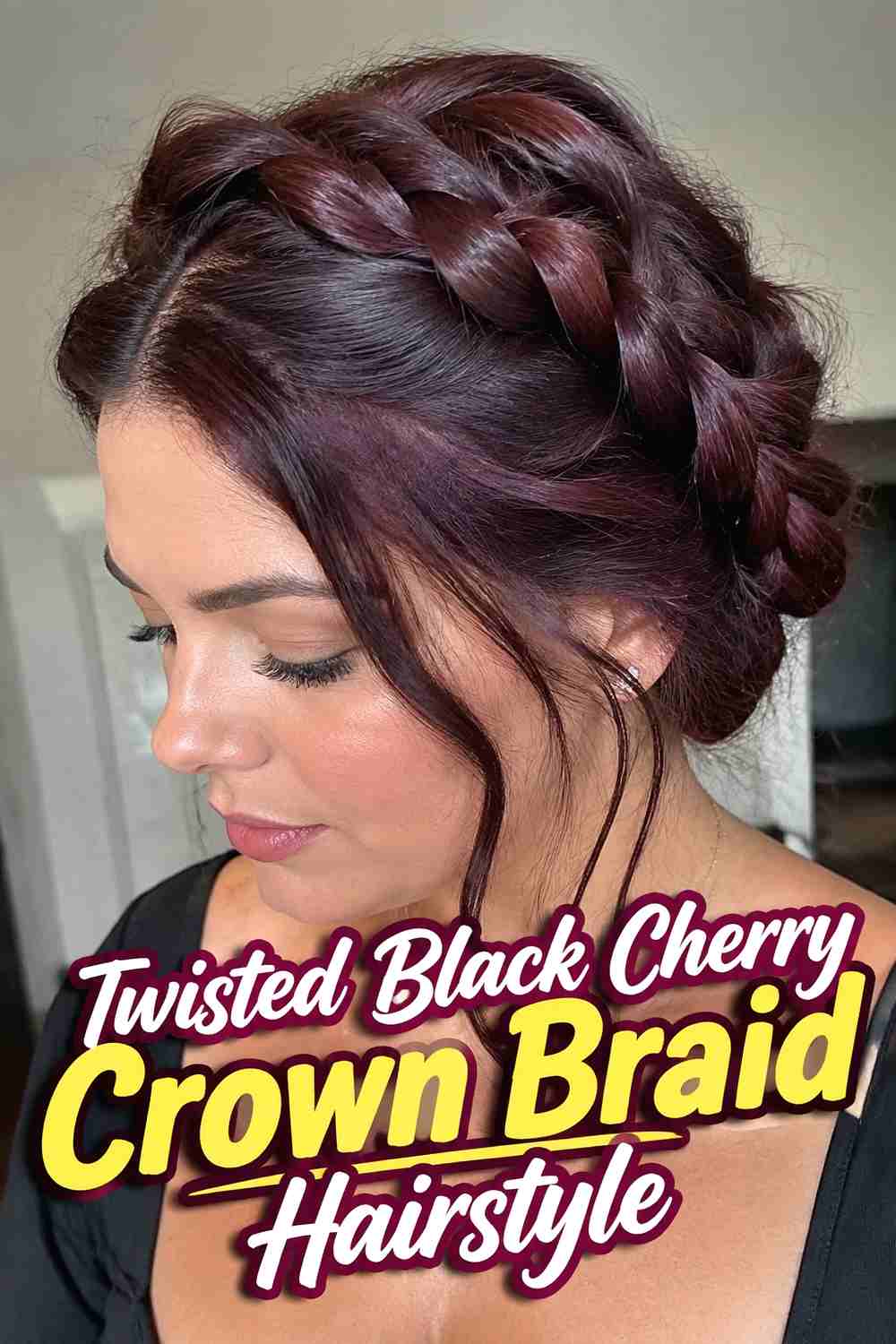 15. Twisted Black Cherry Crown Braid Hairstyle