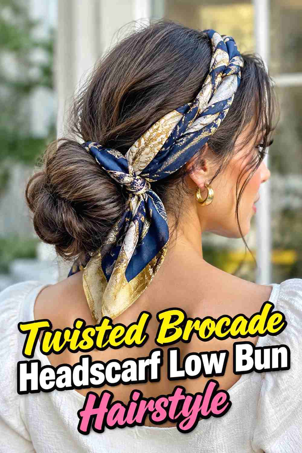 3. Twisted Brocade Headscarf Low Bun Hairstyle