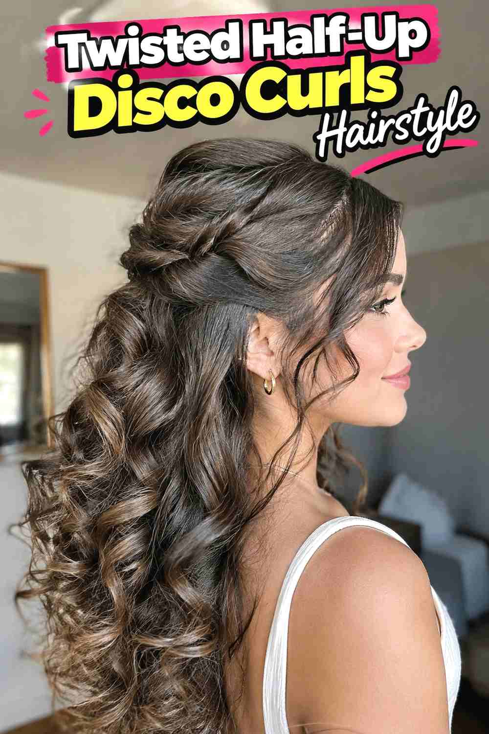 18. Twisted Half Up Disco Curls Hairstyle