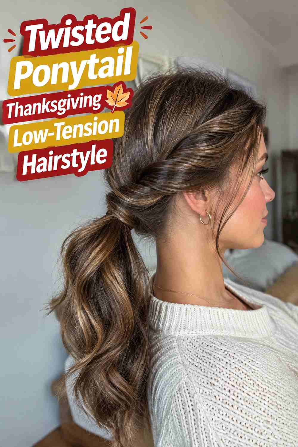 16. Twisted Ponytail Thanksgiving Low Tension Hairstyle