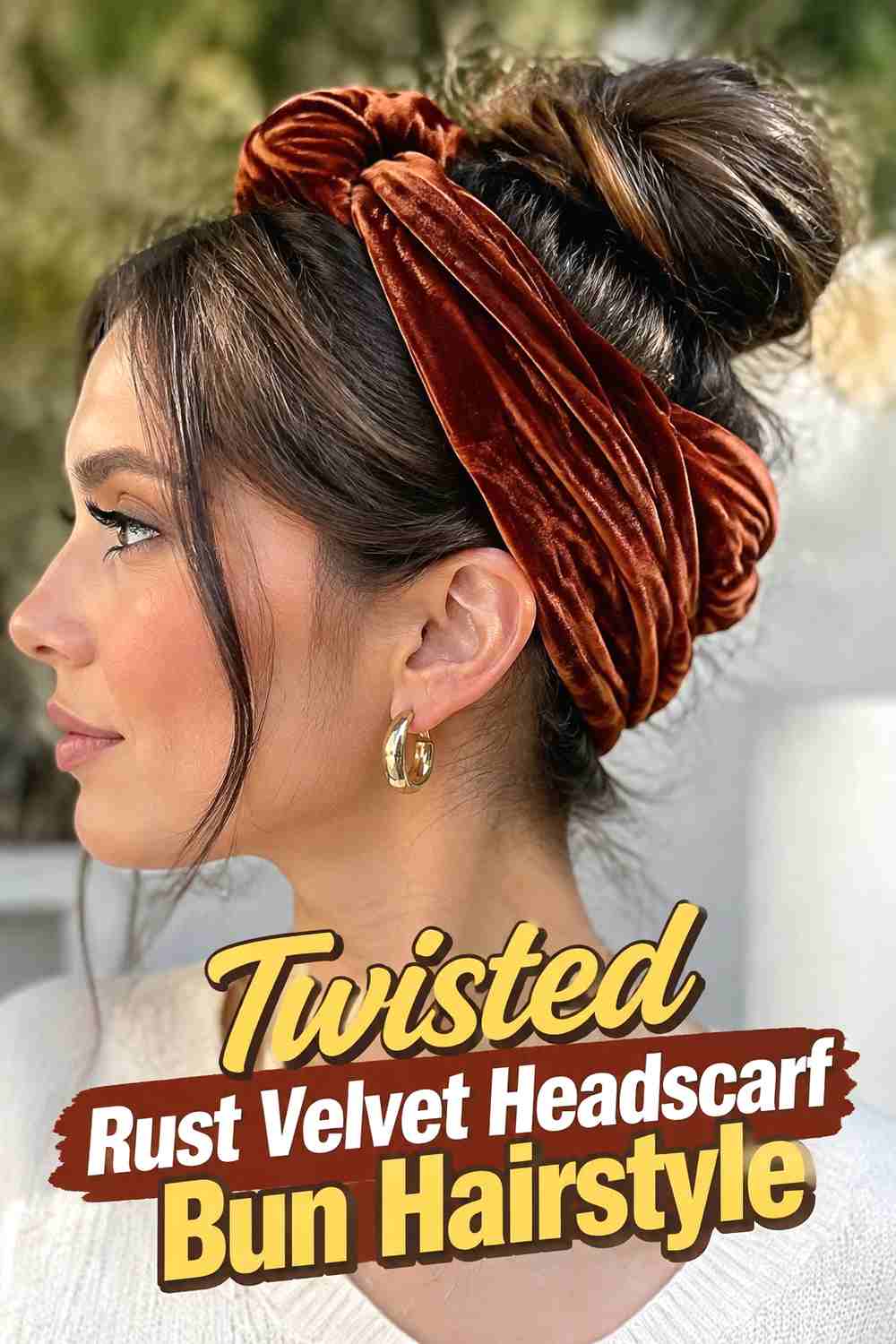5. Twisted Rust Velvet Headscarf Bun Hairstyle