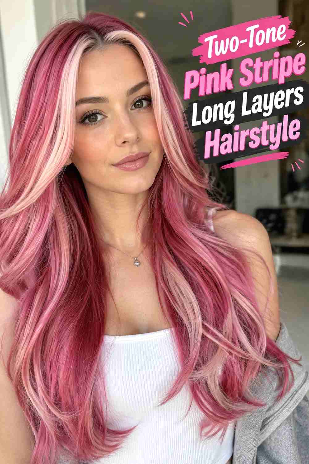 14. Two Tone Pink Stripe Long Layers Hairstyle