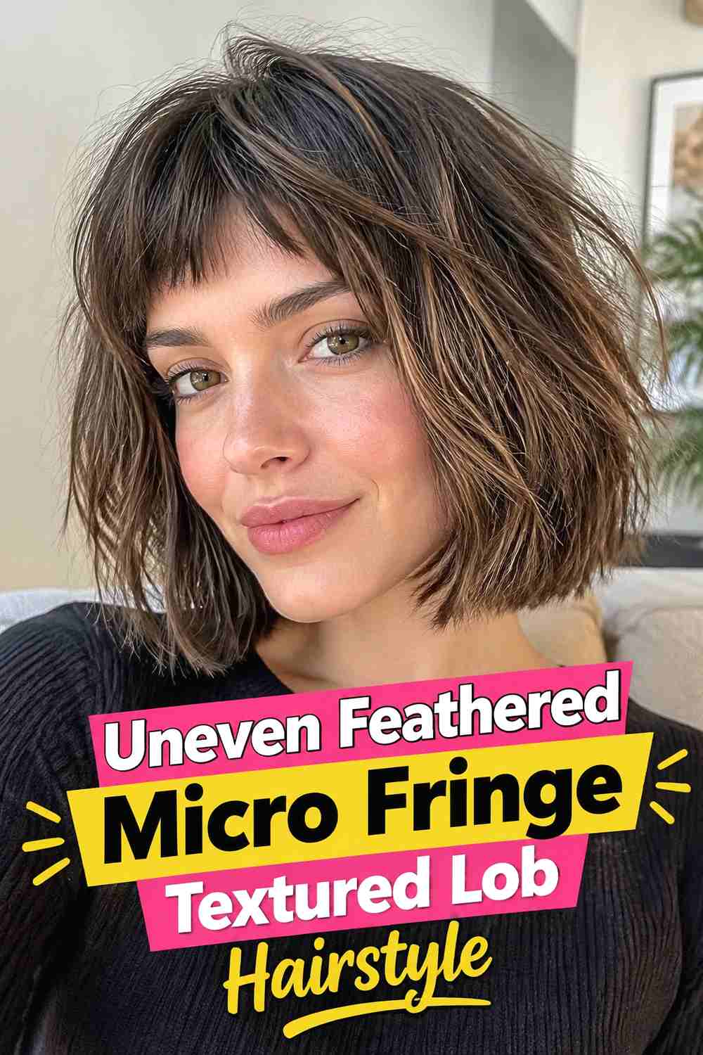 18. Uneven Feathered Micro Fringe Textured Lob Hairstyle