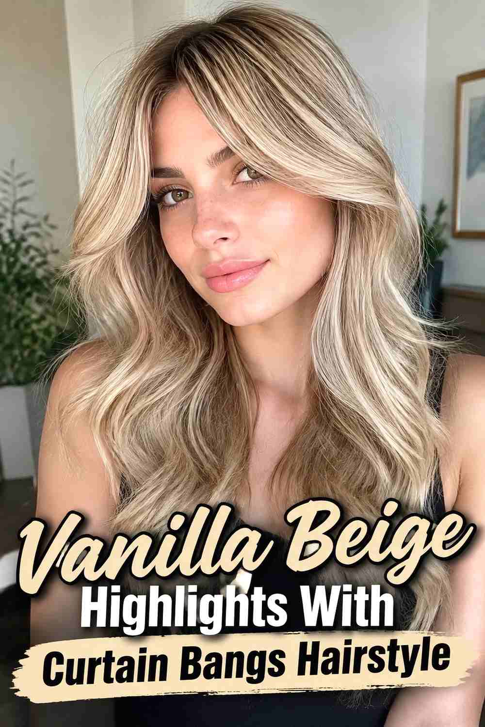 10. Vanilla Beige Highlights With Curtain Bangs Hairstyle