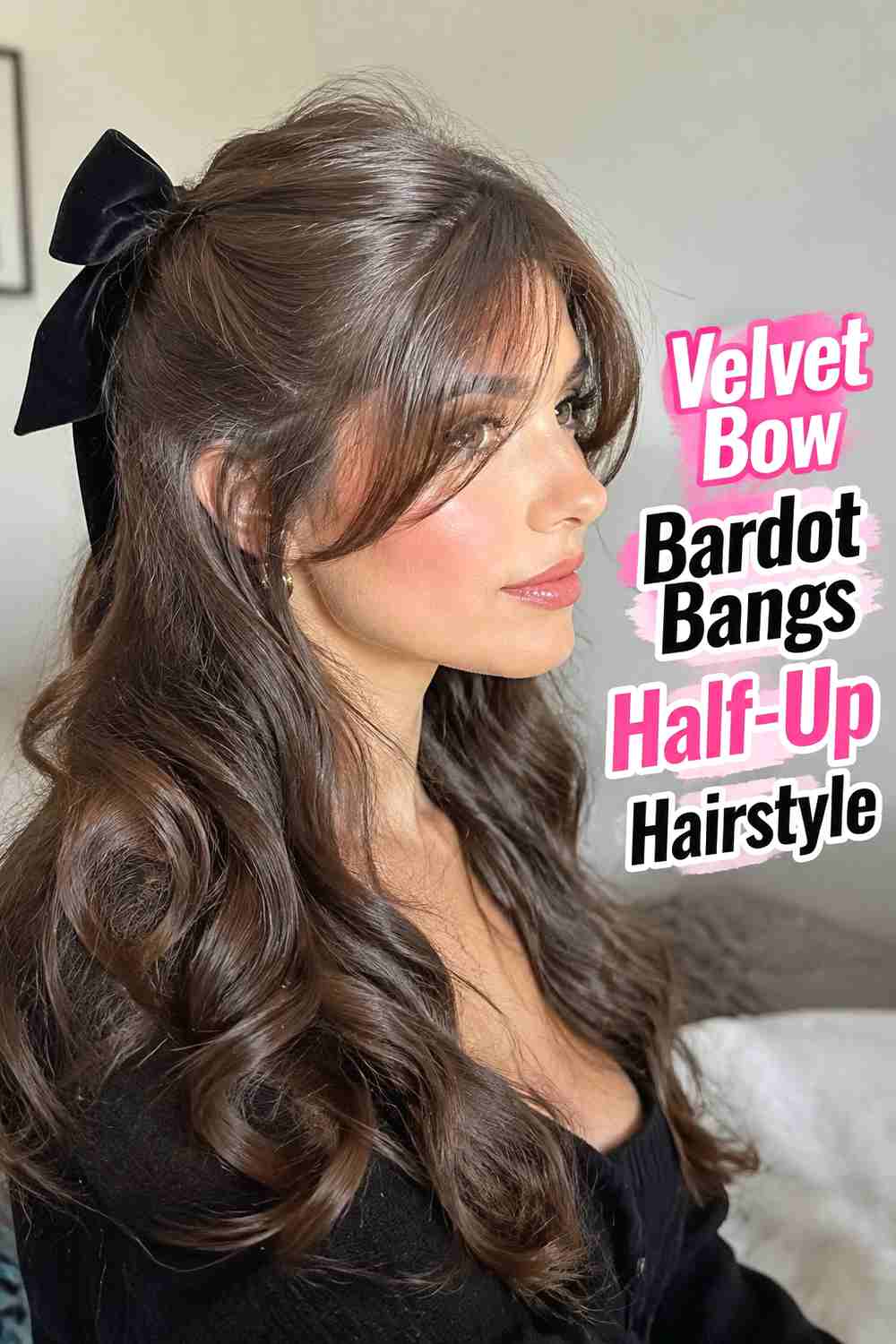 8. Velvet Bow Bardot Bangs Half Up Hairstyle