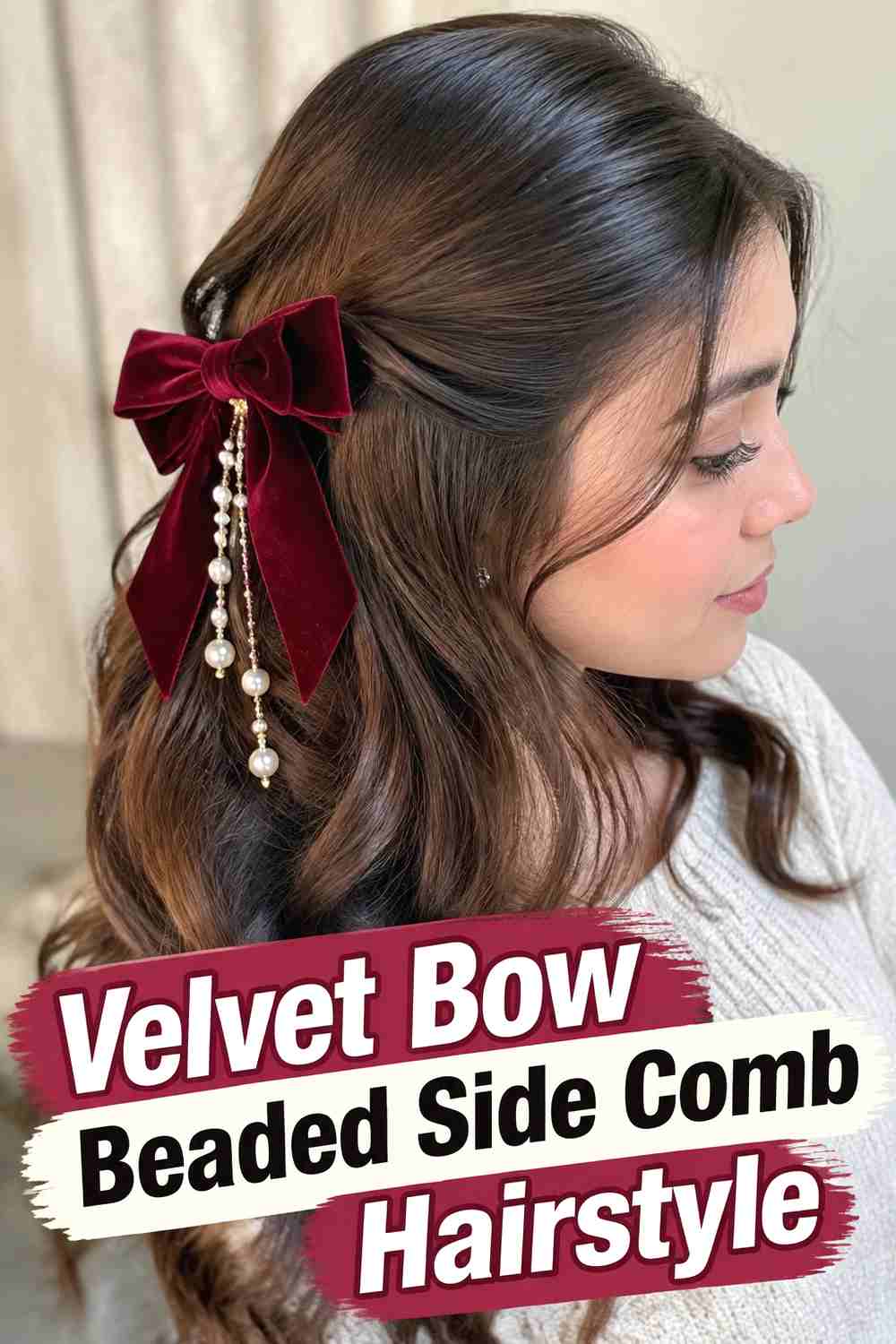 6. Velvet Bow Beaded Side Comb Hairstyle