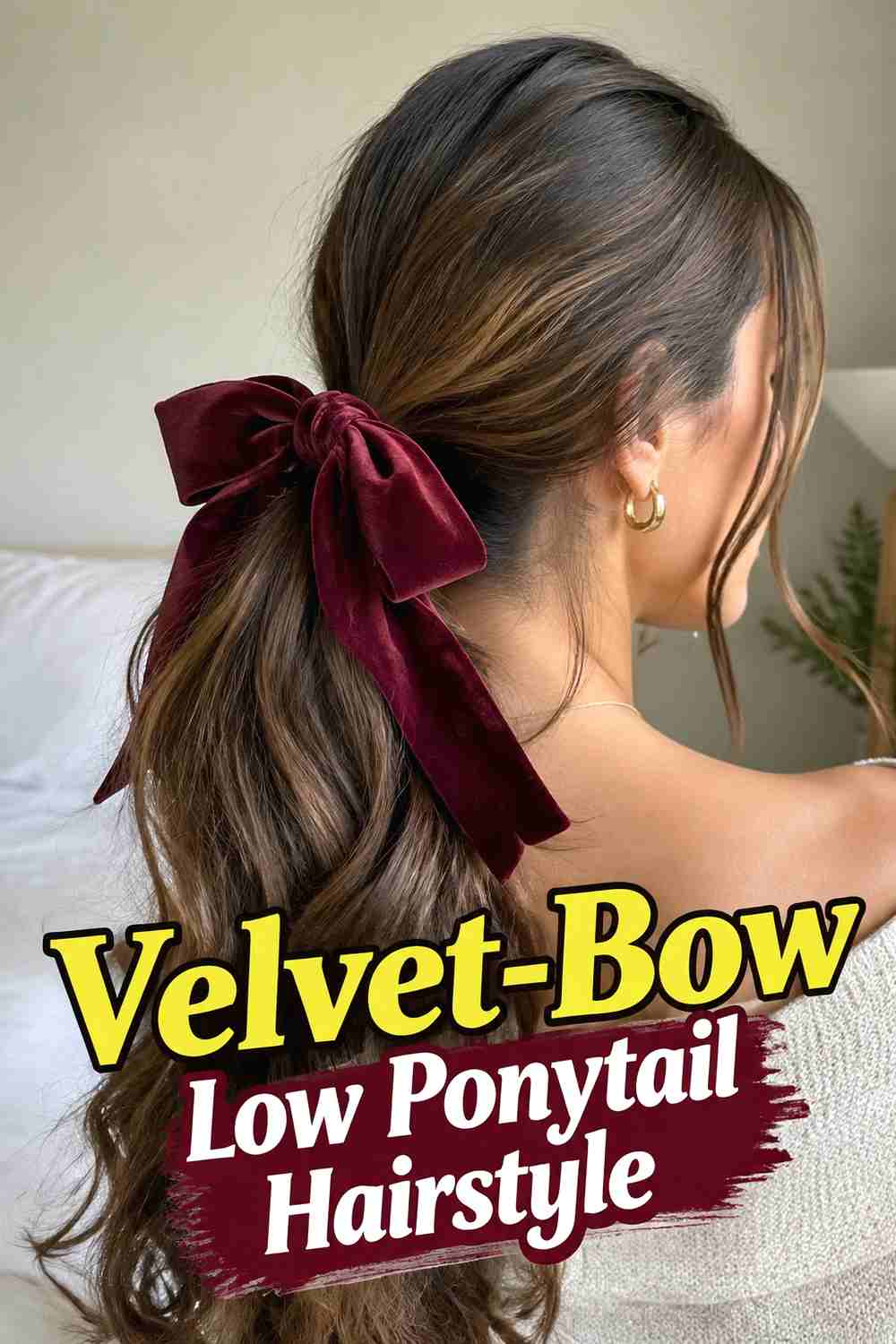 6. Velvet Bow Low Ponytail Hairstyle