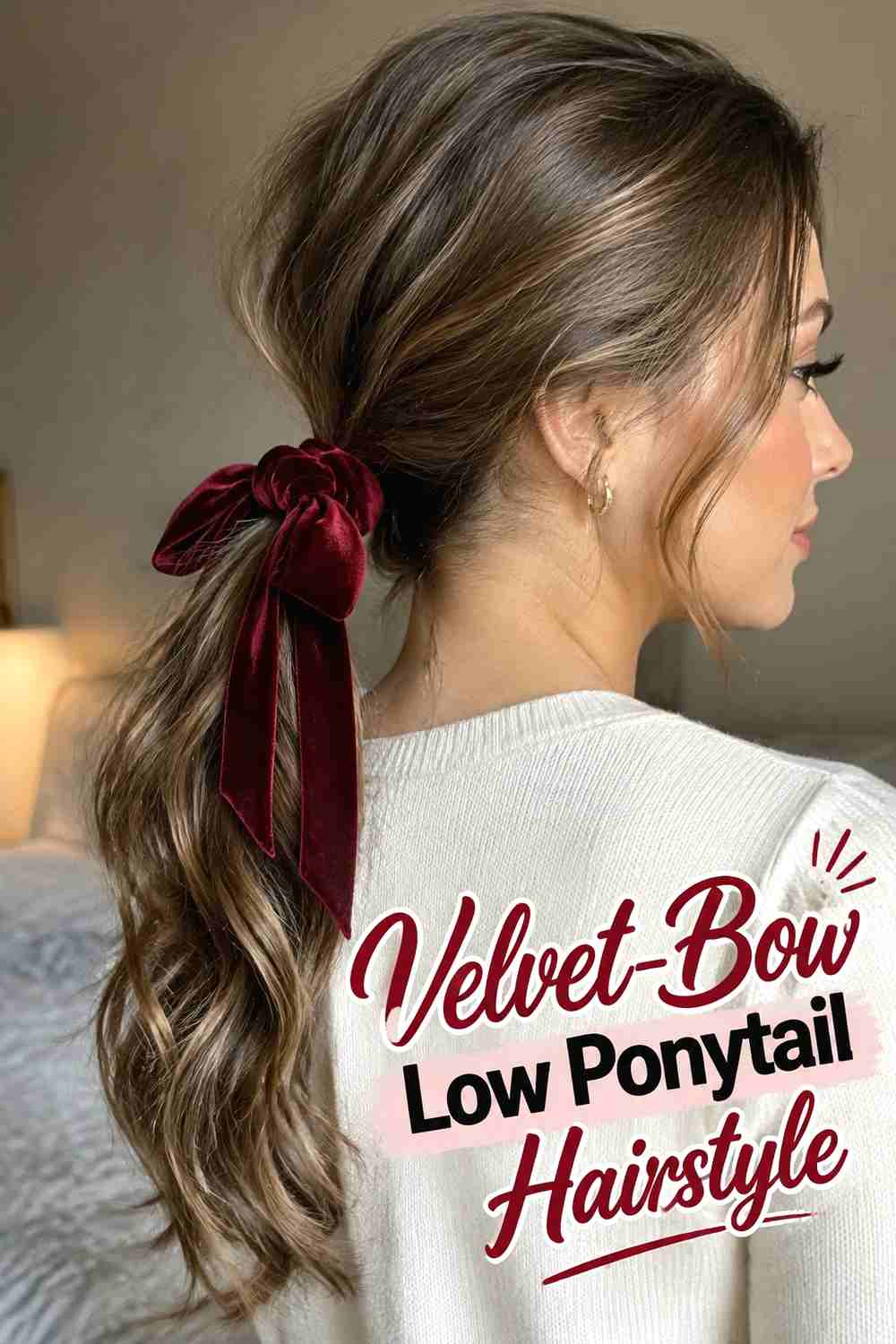 14. Velvet Bow Low Ponytail Hairstyle