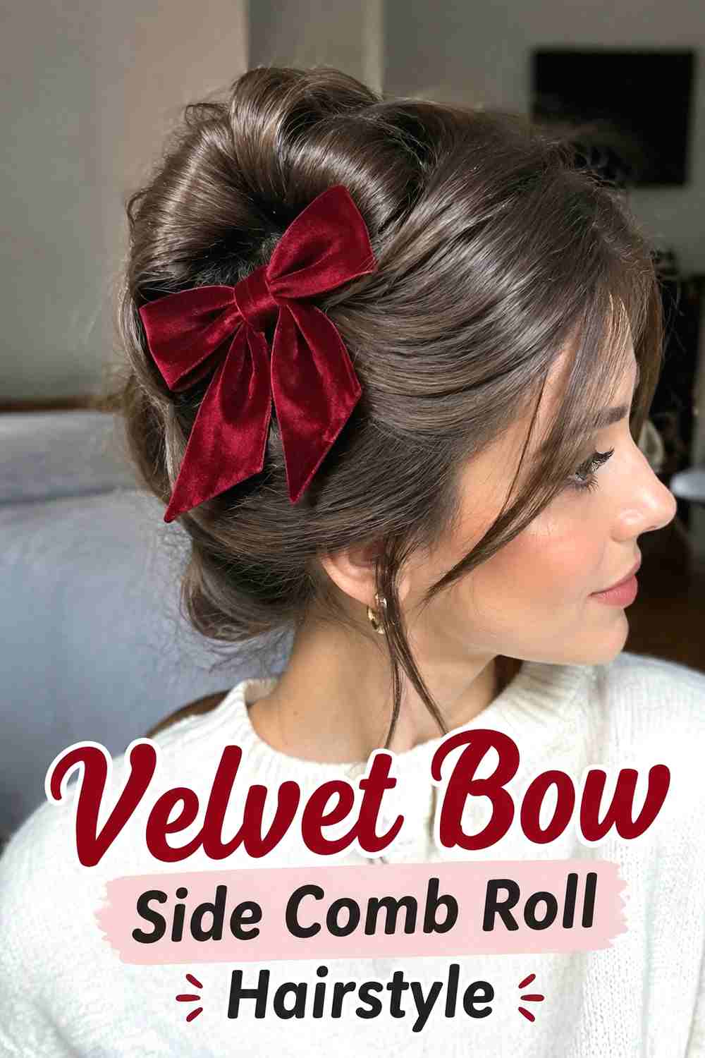 10. Velvet Bow Side Comb Roll Hairstyle