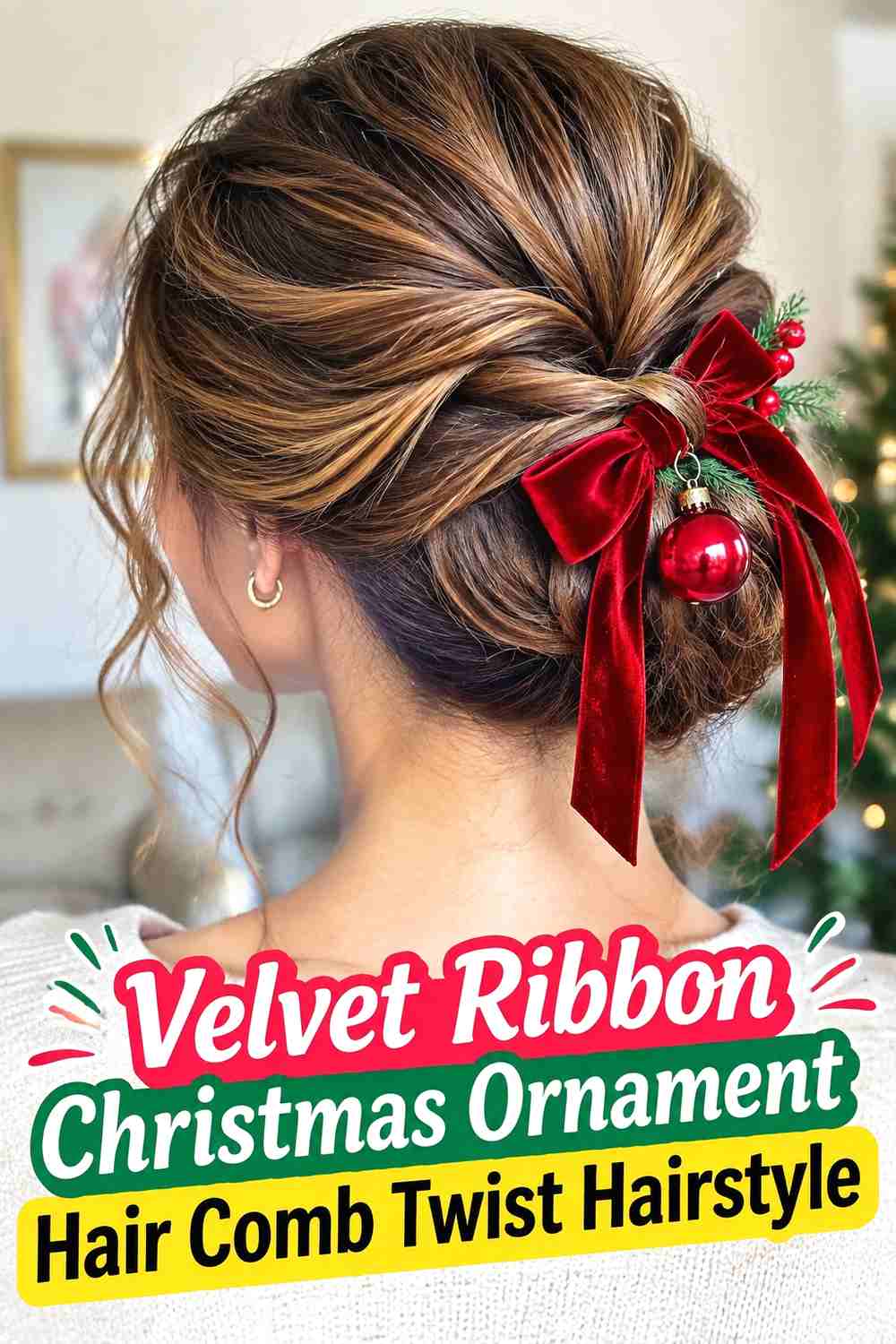 7. Velvet Ribbon Christmas Ornament Hair Comb Twist Hairstyle