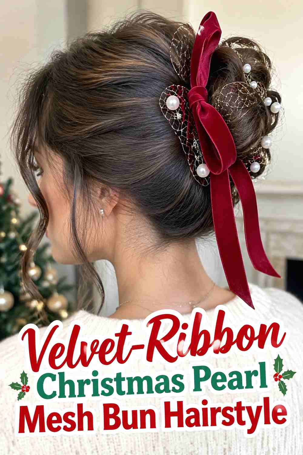 12. Velvet Ribbon Christmas Pearl Mesh Bun Hairstyle