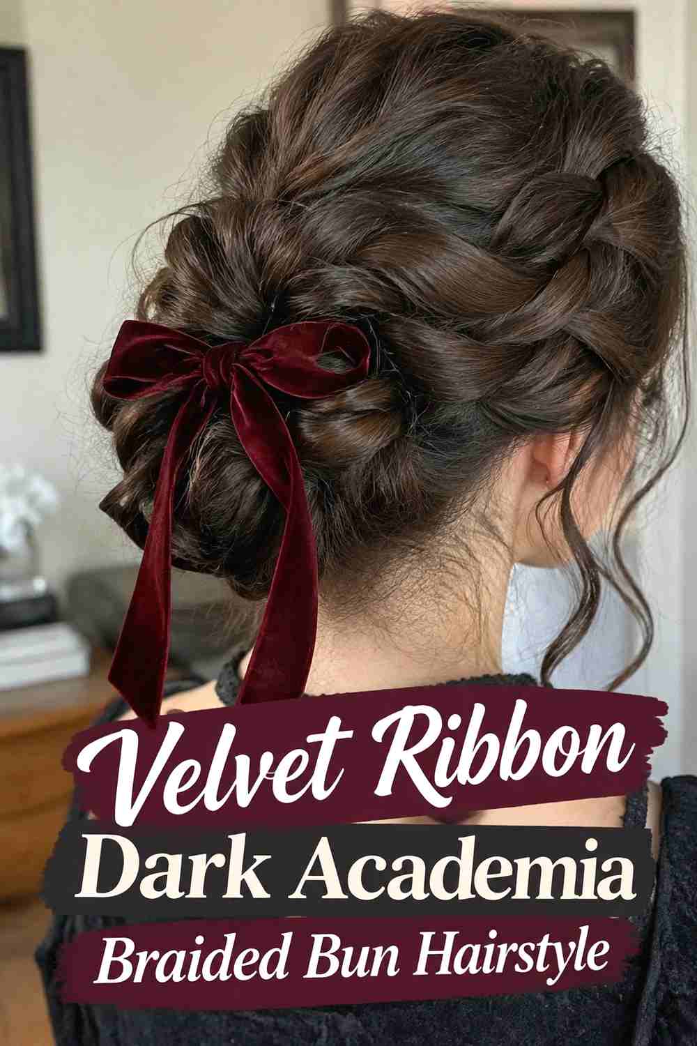 5. Velvet Ribbon Dark Academia Braided Bun Hairstyle
