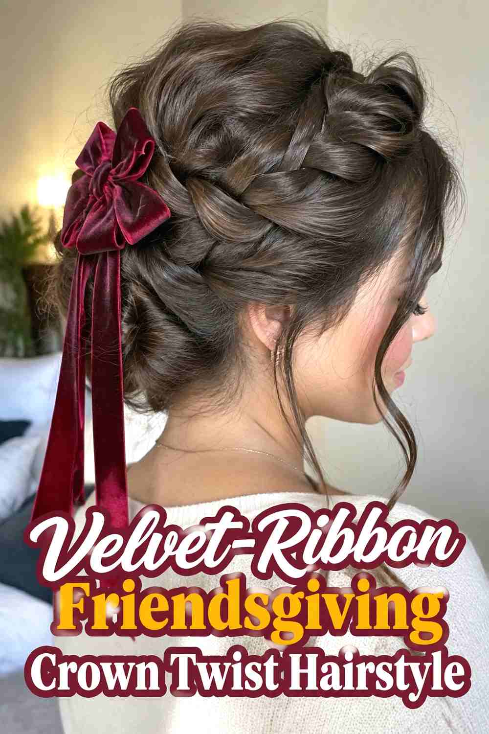 6. Velvet Ribbon Friendsgiving Crown Twist Hairstyle