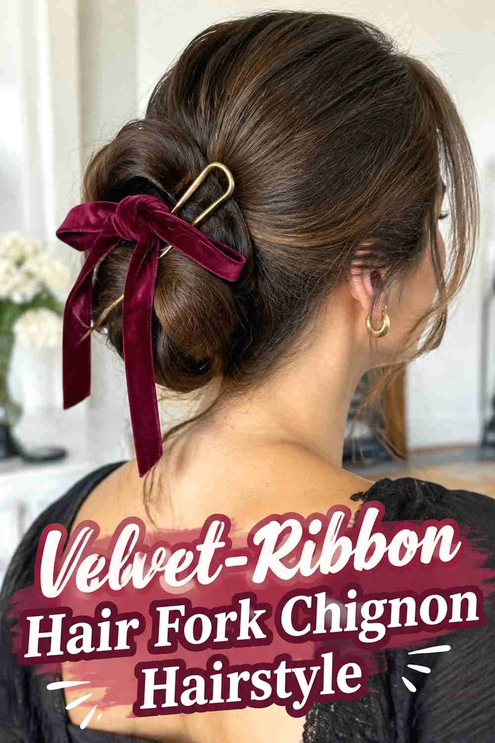 9. Velvet Ribbon Hair Fork Chignon Hairstyle
