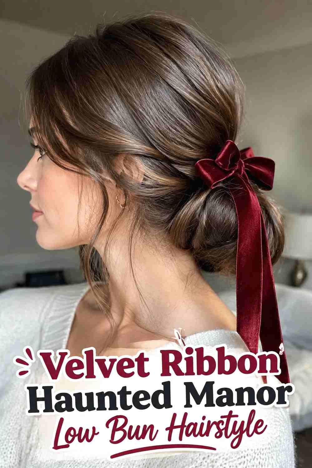 8. Velvet Ribbon Haunted Manor Low Bun Hairstyle