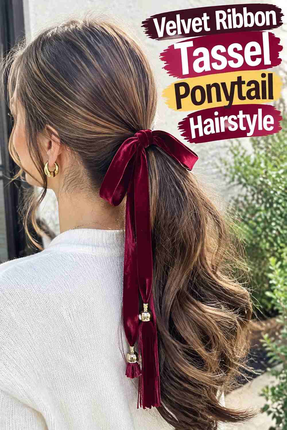2. Velvet Ribbon Tassel Ponytail Hairstyle