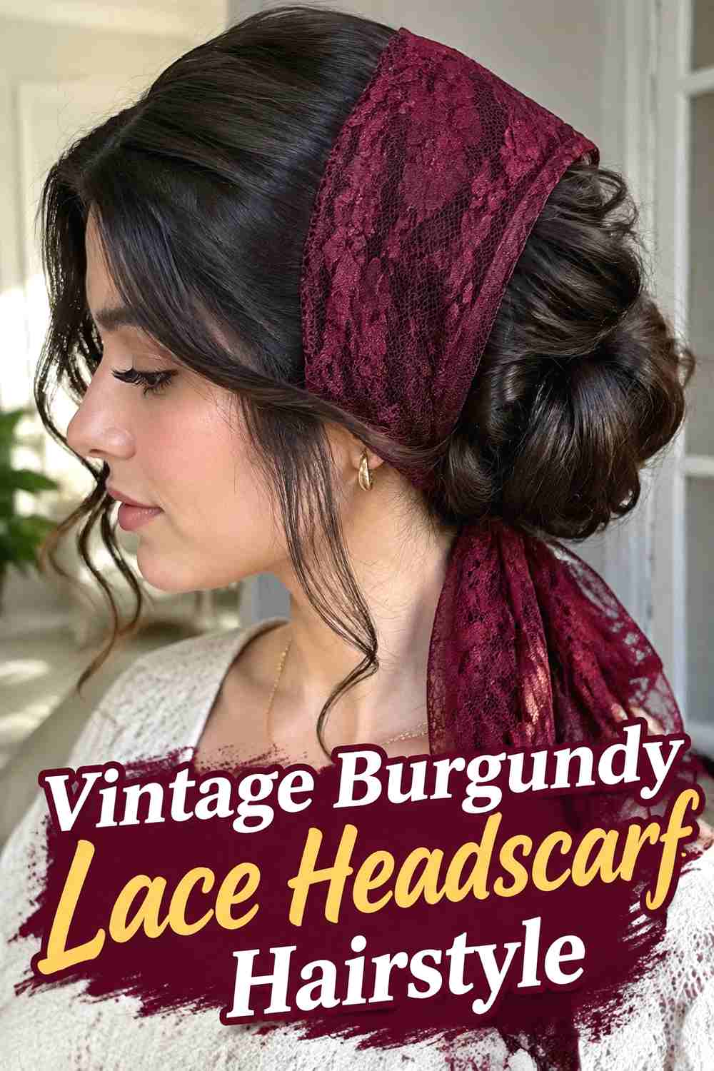 16. Vintage Burgundy Lace Headscarf Hairstyle