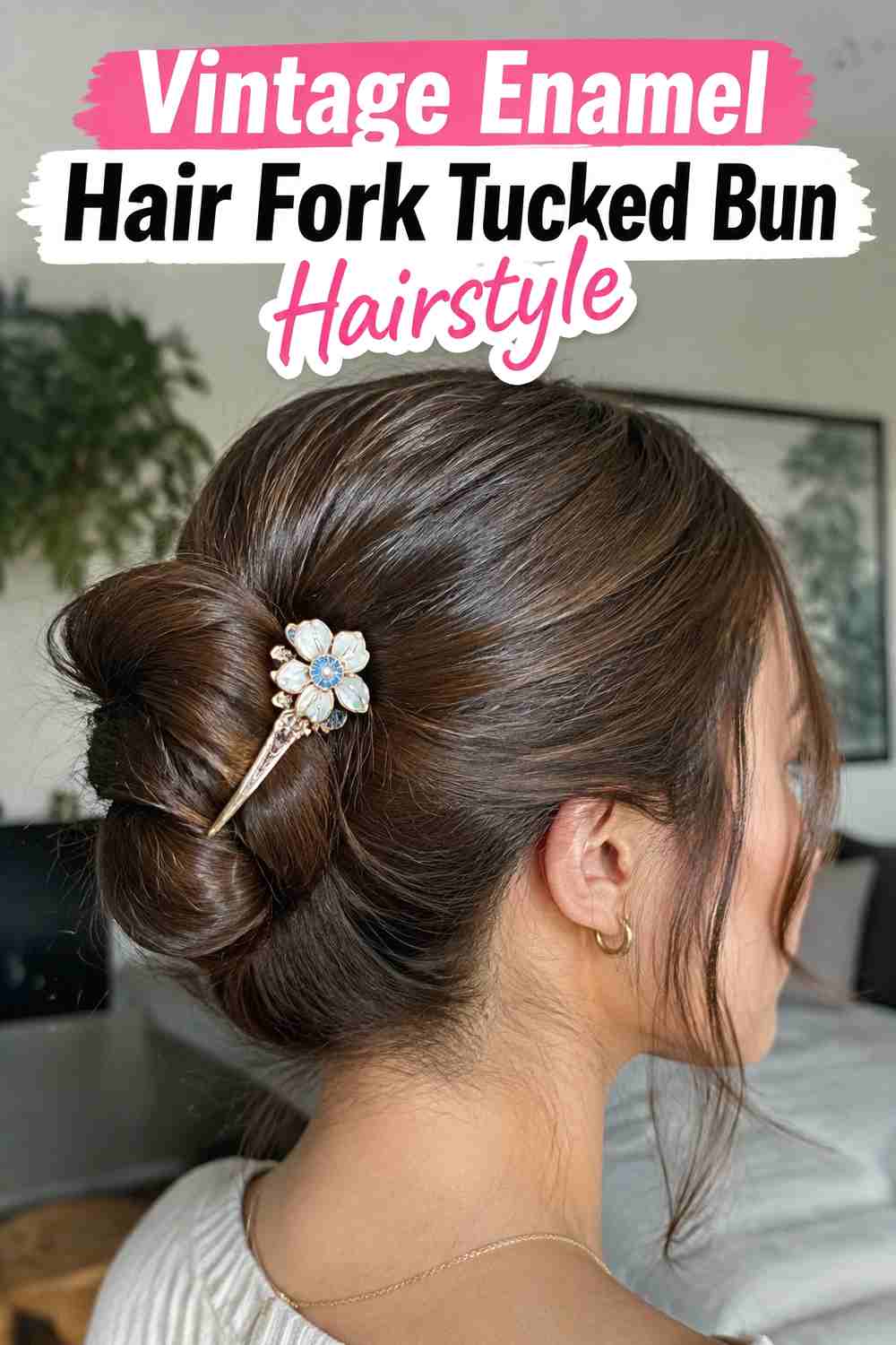 15. Vintage Enamel Hair Fork Tucked Bun Hairstyle