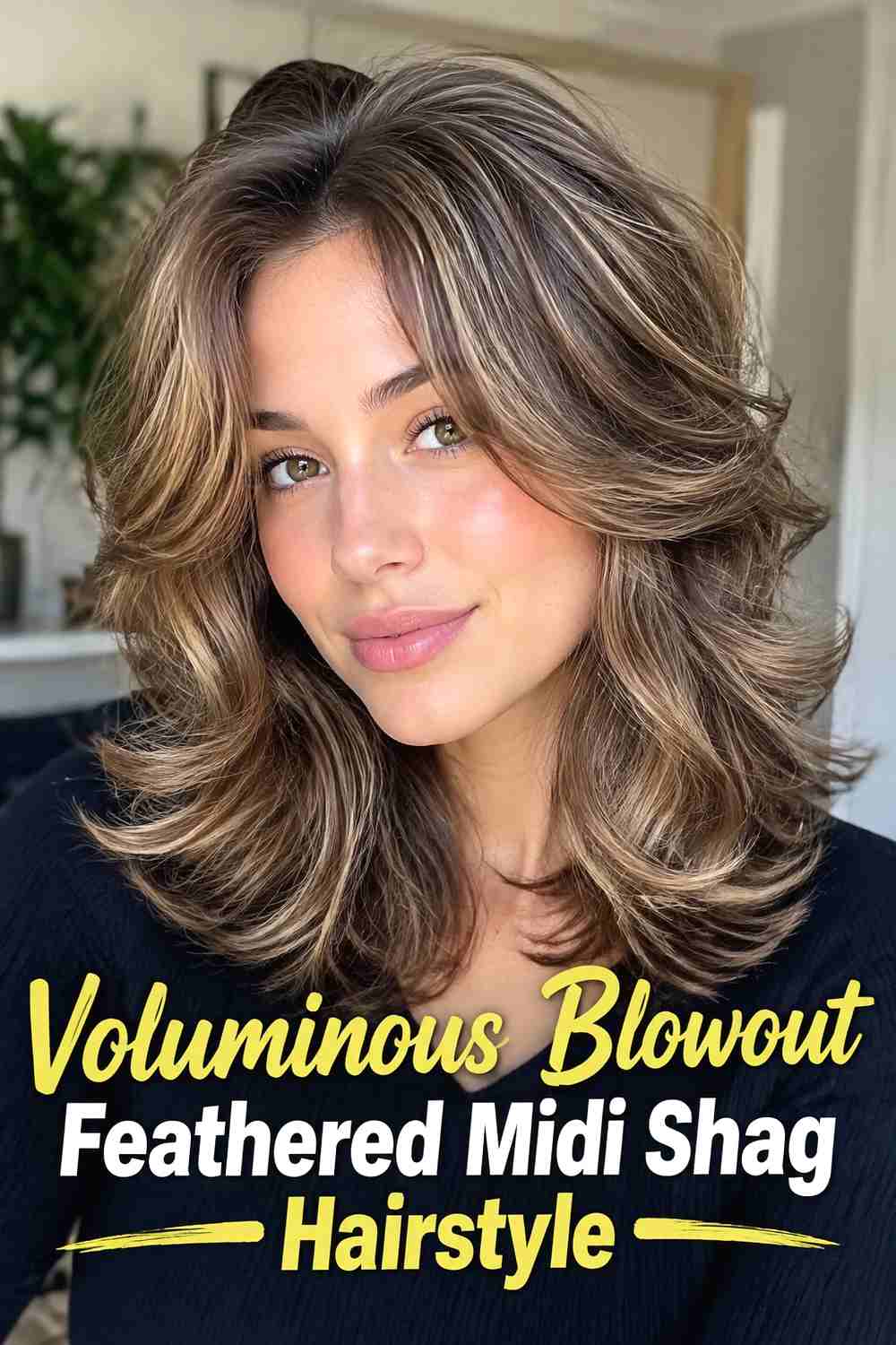 10. Voluminous Blowout Feathered Midi Shag Hairstyle