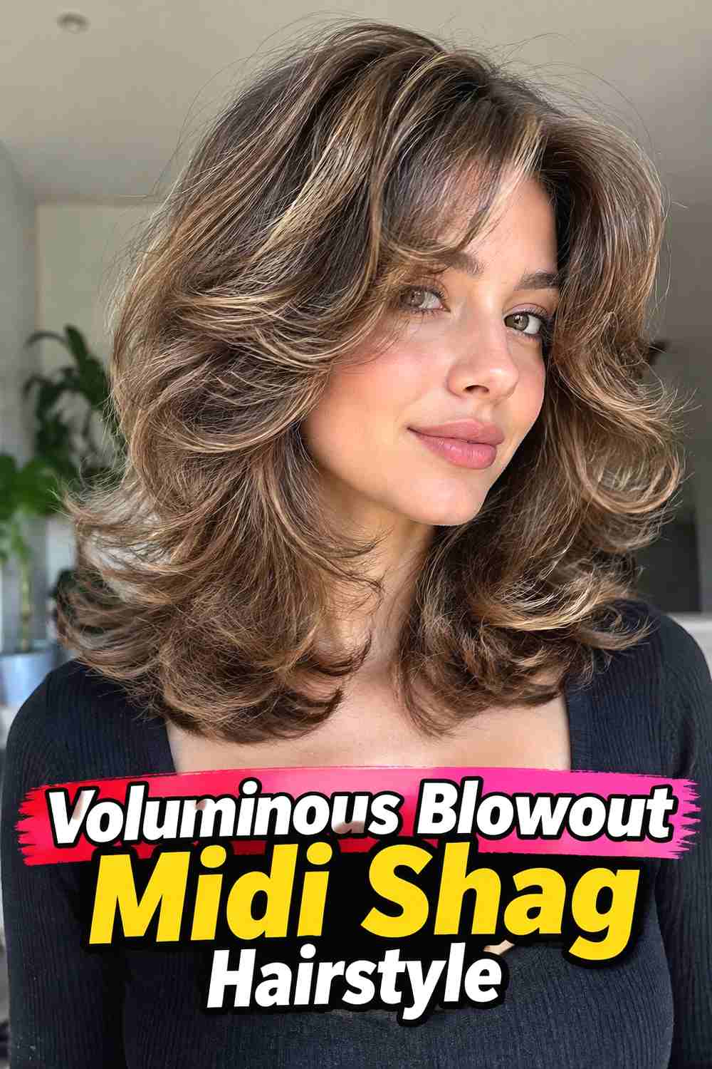12. Voluminous Blowout Midi Shag Hairstyle