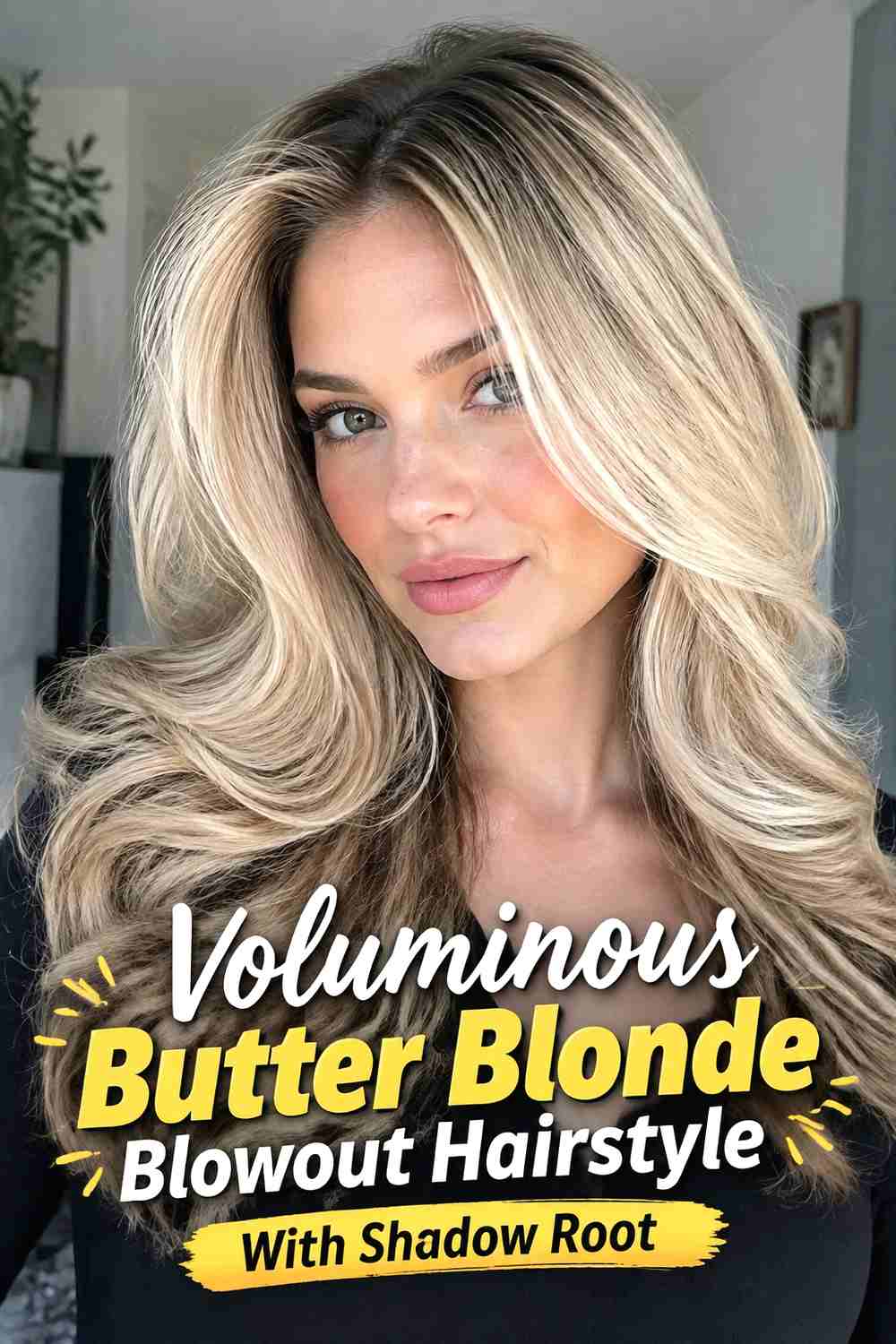 9. Voluminous Butter Blonde Blowout Hairstyle With Shadow Root