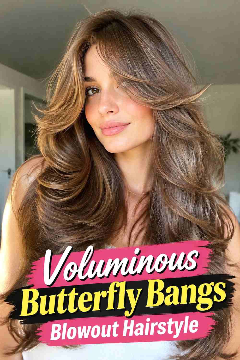 7. Voluminous Butterfly Bangs Blowout Hairstyle
