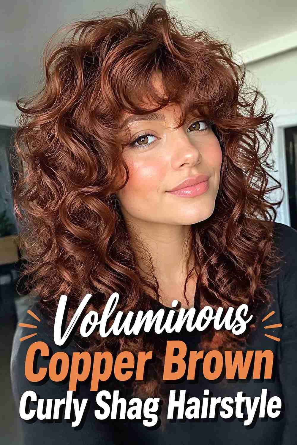 7. Voluminous Copper Brown Curly Shag Hairstyle