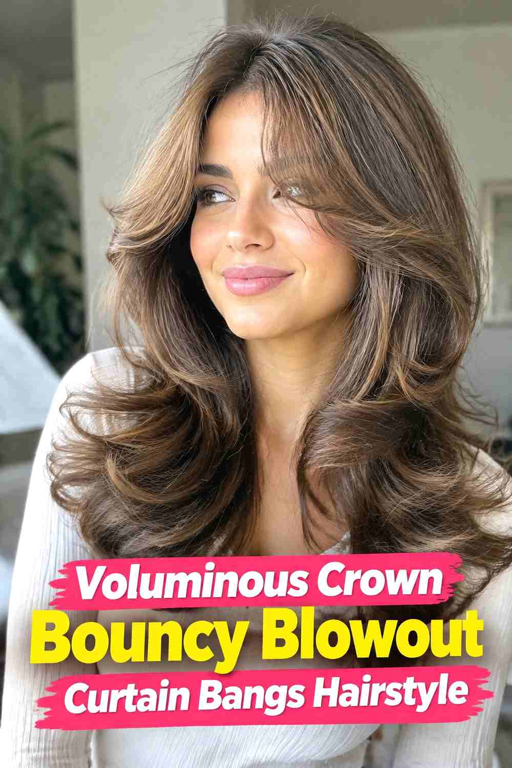 5. Voluminous Crown Bouncy Blowout Curtain Bangs Hairstyle
